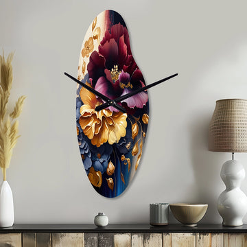 Burgundy And Blue Floral Bunch II - Asymmetric Metal Wall Clock